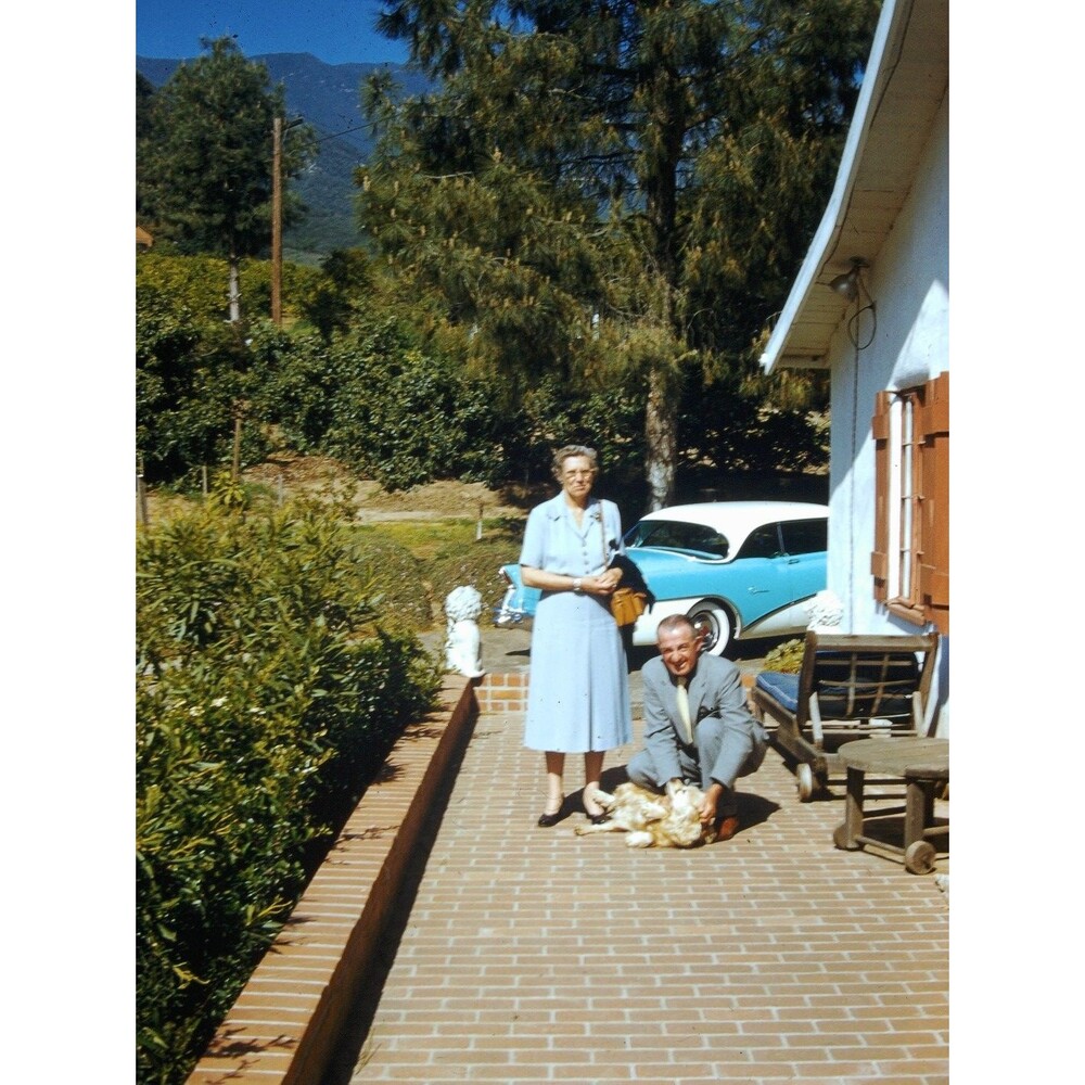 Kodak Slide 1950s Red Border Kodachrome Elderly Couple Outside Their Home #3